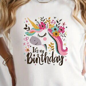 Unicorn Birthday Print Crew Neck T-shirt, Happy May Birthday Shirt